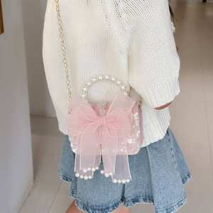 Bolsos de Hombro para Niñas, Bolso Bandolera de PU con Diseño de Lazo y Perlas, Patrón de Dibujos Animados, Estilo Princesa, con Monedero - Product Image 2