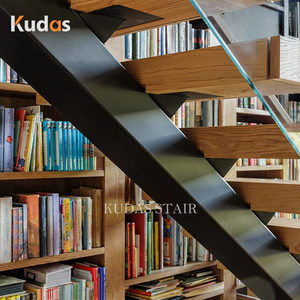 <span class=keywords><strong>Escalier</strong></span> flottant à faisceau unique rampe en verre à marches en bois escaliers Mono Stringer personnalisables pour l'intérieur de <span class=keywords><strong>bibliothèque</strong></span> de maison de luxe - Product Image 5