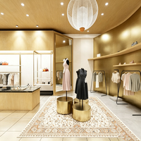 Présentoirs minimalistes écologiques en bois toné pour magasins de vêtements avec éclairage LED, comptoirs modernes de style îlot