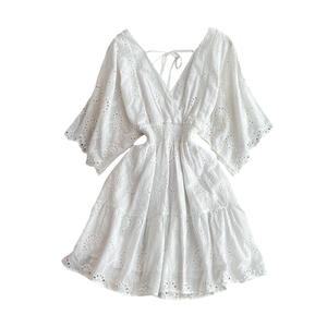 Blanc/violet/bleu col en V été nouvelle dentelle broderie robe femmes manches courtes robes femme Vintage fête plage robes mi-longues - Product Image 5