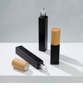 Square Glass Cosmetic <b>Bottle</b> with Wooden Cap Matte Finish Roll on Sealing Screen Printed 10ml <b>Empty</b> for Skincare Fragrance - Product Image 6