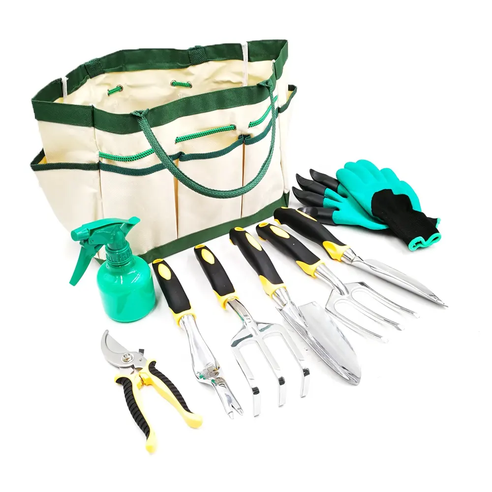 Kit d'outils de jardinage à main, 9 pièces, Kit d'outils de jardinage manuel de qualité avec sac de pelle florale
