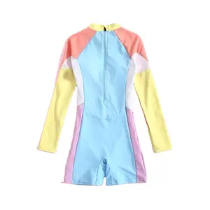 100% Polyester Quick Dry Patchwork Matching Color Sporty Fitness Surf Girls Long Sleeve Kids Swimsuits Children Racing Swimwear