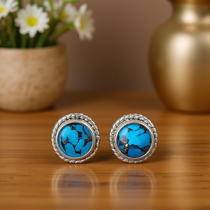 Orecchini a perno in argento tibetano con turchese, placcati argento antico, con incastonatura a castone vintage, gioielli di moda da donna - Product Image 2