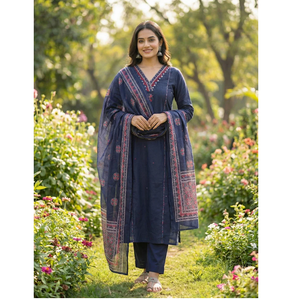Conjunto de Kurta y Pantalón de Algodón Indigo Bordado para Mujer con Dupatta, Sin Arrugas, de Secado Rápido, Estilo Étnico Informal - Product Image 1