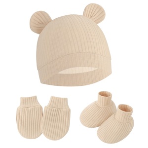 MIO 신생아 모자 장갑 신발 세트 단색 2종/3종 세트 아기 유아용 모자 벙어리장갑 및 양말 봄 가을용 - Product Image 1