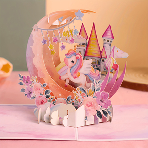 3D Pop-up Box Grußkarte Einhorn Mond Schloss Blumendesign Kinder Mädchen Geburtstag Papier Geschenkkarte - Product Image 1