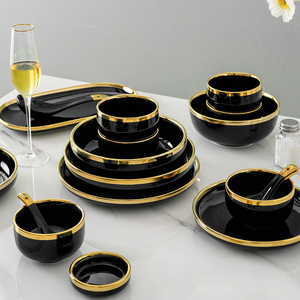 Piatti da portata all'ingrosso da 7,5/8/9/10/12 pollici in porcellana di lusso, neri brillanti <span class=keywords><strong>con</strong></span> bordo dorato, stoviglie in ceramica per uso domestico - Product Image 6