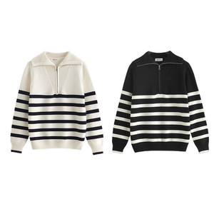 Suéter Polo de moda para <span class=keywords><strong>mujer</strong></span> suéter con cremallera de cuarto 100% algodón a rayas suéter con media cremallera solapa suéter suelto Otoño e Invierno - Product Image 2