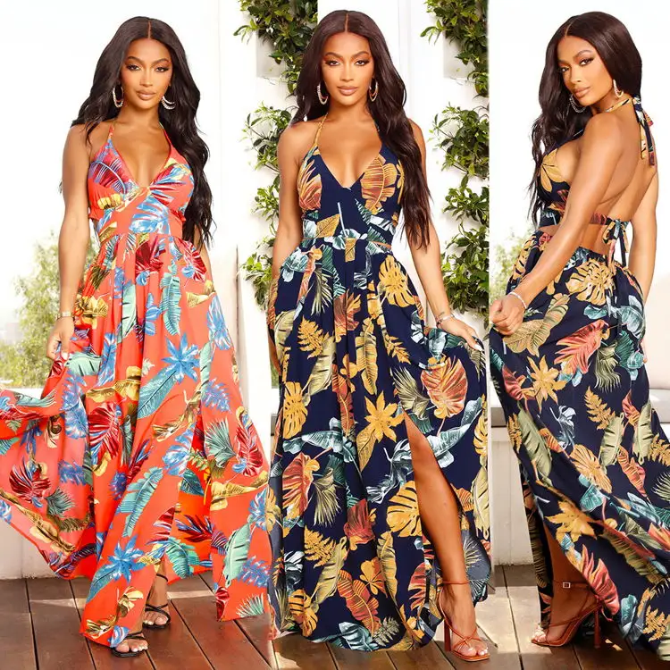 Strand kleider Großhandel Damen Sommer Longue Robe Plage Sans Manche Hot Sexy Halfter Strand Hosenträger Maxi Lange Kleider Mit Schlitzen