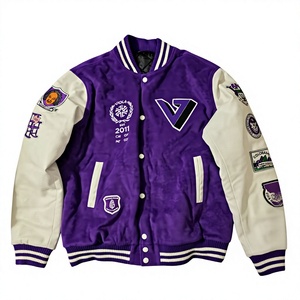 <b>Purple</b> Varsity Jacket <b>Men's</b> Casual Embroidered Patch Design Regular Length Turn-down Collar Fleece Material Winter Style Fleece - Product Image 1