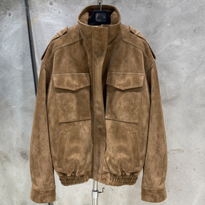 Chaqueta de piel de oveja auténtica con cuello alto y corte oversize, abrigos de gamuza, chaqueta bomber de gamuza para mujer - Product Image 1
