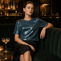 T-shirt court sexy pour femme, à sequins scintillants, col rond côtelé, respirant, anti-plis, manches courtes, idéal pour l'été et les soirées en club