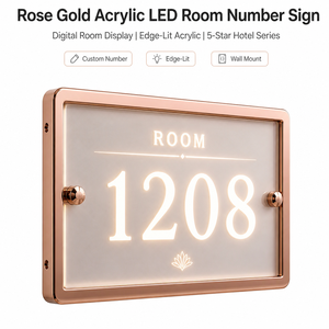 Letrero de Número de Habitación LED Acrílico Oro Rosa con Borde Iluminado, Montaje en Pared, Número Personalizado, Placa para Puerta de Hotel, Pantalla Retroiluminada, Perforación - Product Image 1