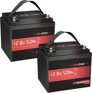 Paquete de 2 Baterías de Litio LiFePO4 de 12V 50Ah con BMS, 640Wh, Más de 6000 Ciclos, Protección contra Bajas Temperaturas para Casas Rodantes, Camping y Almacenamiento de Energía en el Hogar - Product Image 1