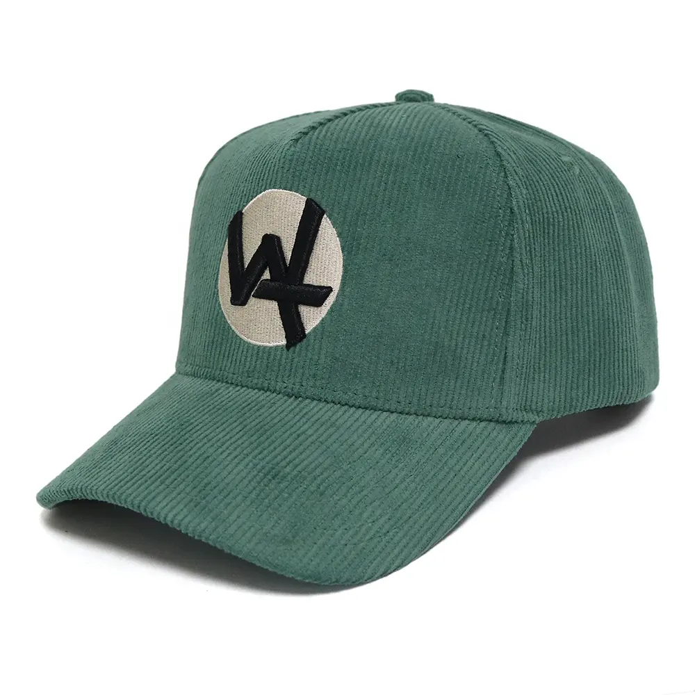 Berretto da Baseball a 5 pannelli di fabbrica diretta su misura cappello di velluto a coste verde con cappellini invernali in cotone con Logo ricamato a sbuffo 3D