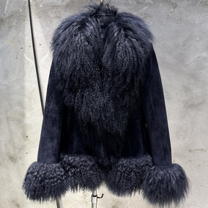 Manteau en cuir pour femme avec col en fourrure de Mongolie, veste en daim <span class=keywords><strong>bleu</strong></span> foncé pour l'automne - Product Image 1