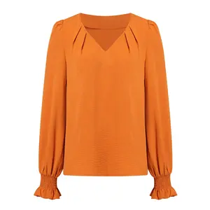 Women's Tops and Blouses Spring Thin V-Neck Pleated Smocked Fall Shirt Plain Business Casual Orange Lantern Sleeve Work Tops