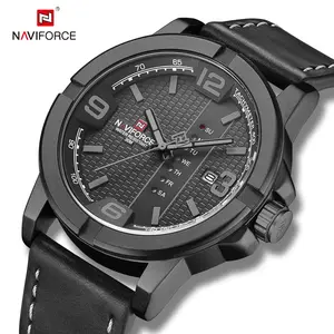 NAVIFORCE 9177 BGYB jam tangan mewah pria, jam tangan gelang besar kuarsa kulit Premium tahan air olahraga jam kronograf pria