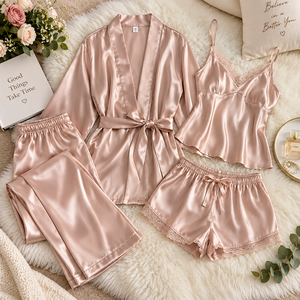Camicia <span class=keywords><strong>da</strong></span> <span class=keywords><strong>Notte</strong></span> in Raso Personalizzata per Donne, Pigiama <span class=keywords><strong>da</strong></span> Sposa Plus Size con Dettaglio Cinturino Regolabile, Set Quattro Pezzi - Product Image 1