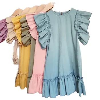 Instagram style summer cotton and linen material ruffle edge new loose girls long dress