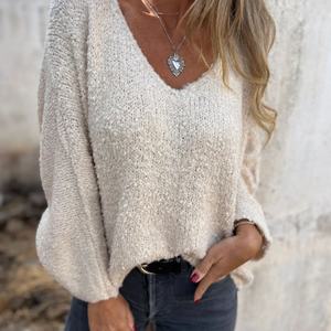2025 Women's American Retro Cozy V-Neck Sweater | Fluffy Loose <b>Lantern</b> Sleeve Pullover,Low Minimum Quantity Factory Direct <b>Sales</b> - Product Image 4