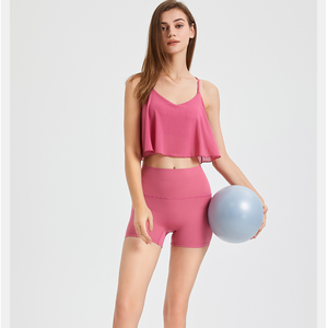 Women V <b>Neck</b> Mesh Ruffle Flowy Yoga Crop Top Thin Crisscross Back Sleeveless <b>Padded</b> Workout Tank Top Loose Fit Pilates Cami - Product Image 4