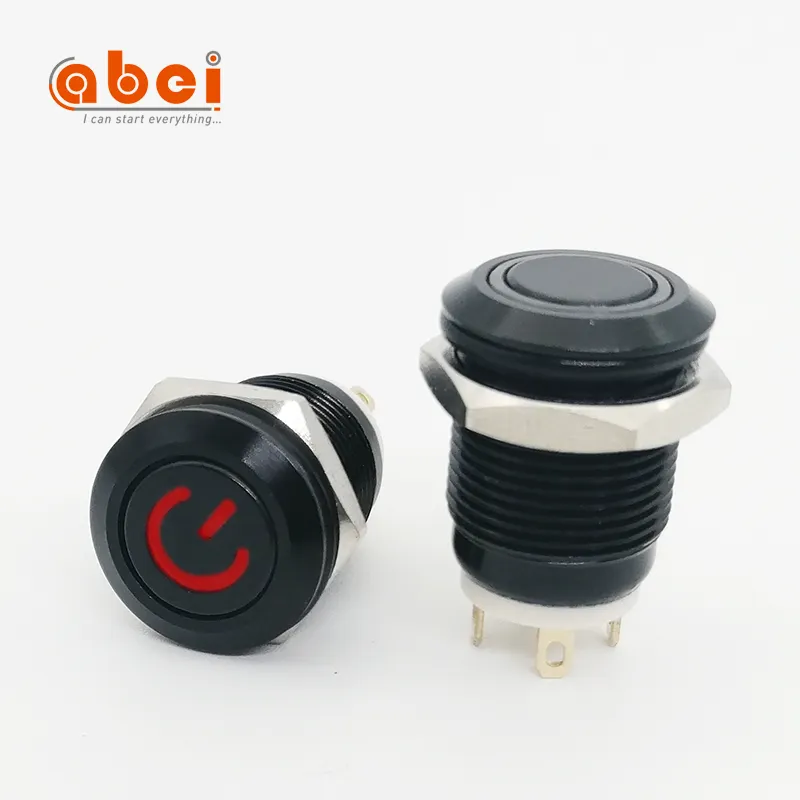 Push Button Led Switch ABEI Aluminum Oxidation Black Metal 12mm Led Power Light Waterproof Momentary On-off Push Button Switch