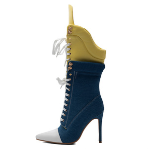 Stivaletti Sportivi da <span class=keywords><strong>Donna</strong></span> con Tacco a Spillo Sottile, Taglia Grande 47, Scarpe con Lacci, Blu e Giallo, Stivaletti in Denim Patchwork - Product Image 5