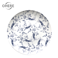Services de table en porcelaine fine motif paon bleu classique, assiettes de dîner pour mariage et restaurant, plateaux de service en céramique, sous-assiettes, vente en gros