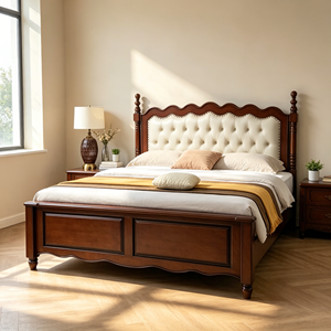 Traditional Mahogany <b>Queen</b> <b>Bed</b> <b>Frame</b> with Faux Leather Upholstered Headboard and Storage Footboard - Product Image 1