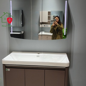 Modern Three-Door Solid Wood Plywood Bathroom Vanity Unit Ceramic Basin Smart Mirror White Countertop Wall-Mounted Installation - Product Image 4