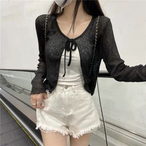 Cardigan fin à col en V et lacets, protection solaire, pour femme, nouvelle collection printemps, style délicat, design polyvalent, pull court - Product Image 5