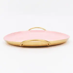 Nordic Style Home Decoration Pink Gold Service Luxury Tray Round Metal with Handle Tray for Restaurant Service