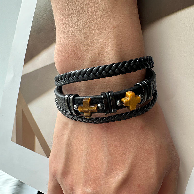 Cross Bracelet Stone And Leather Bracelets Men Hip Hop Punk