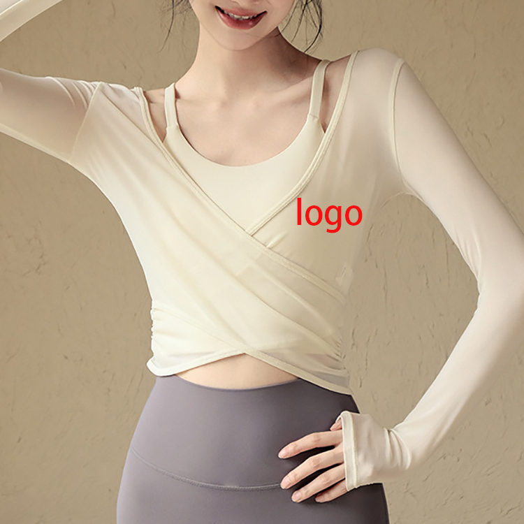 Women 2 in 1 Yoga Top Long Compression Lightweight Stretchy Fabric for Sportswear Pilates Gym Training Neckline Front