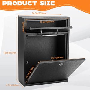 Ajf Thép Màu Đen Ngoài Trời Treo Tường Hộp Thư Lớn Bài Box Với Khóa Chìa Khóa Cho Căn Hộ Và Nhà Vườn Sử Dụng - Product Image 2