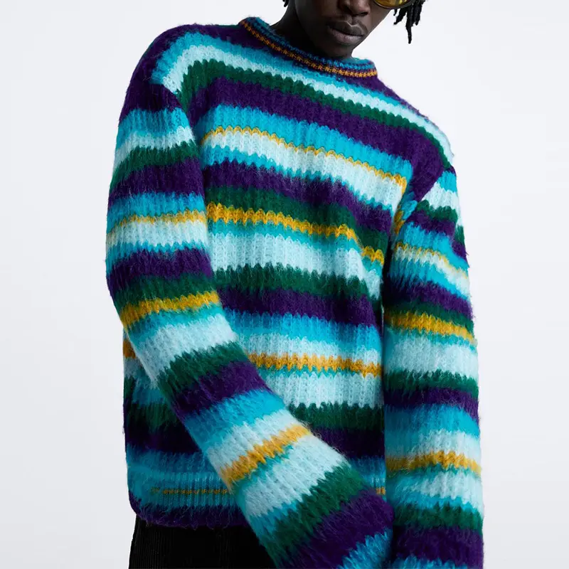 Suéter de algodão personalizado de tricotado de manga longa para homens, mohair listrado, logotipo personalizado, OEM e ODM