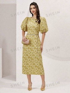 Tejido 100% poliéster dimensional elástico Jacquard <span class=keywords><strong>tela</strong></span> textil para hacer mujeres Puff manga cuello redondo vestido ropa - Product Image 6