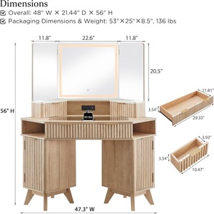 Wholesale Hot Selling Modern Bedroom Wooden Fluted Makeup Vanities Desk Large Corner <strong>Dressing</strong> <strong>Table</strong> <strong>Lights</strong> Mirror Charging - Product Image 5