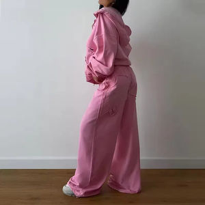 Automne hiver 2024 femmes vêtements survêtement survêtement ensemble Logo personnalisé 2 pièces Double fermeture éclair à capuche et pantalon de survêtement à jambe large ensemble - Product Image 6