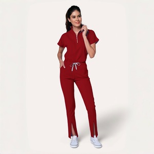 Women's Short Sleeve <b>Scrub</b> Set Solid Color Moisture Wicking Knitted Hospital Uniforms Split Set For Nurses Work <b>Clothes</b> - Product Image 3