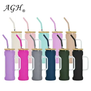 New Style Wholesale 20oz Colorful Silicone Holder Glass Handle Tumbler with Stainless Steel Straw and Bamboo Lid