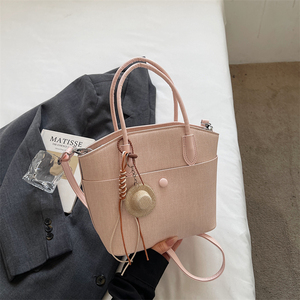 Borsa Tote Grande in Tessuto PU per Donna, Due Cinghie Staccabili, Borsa a Tracolla, Opzionale Charm Cappello di Paglia, 6 Colori Solidi - Product Image 4
