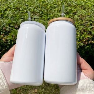 Stainless Steel Insulated Tumbler Sublimation 16oz White <b>Metal</b> Soda Beer Can Cups with Bamboo and Acrylic Lids - Product Image 3