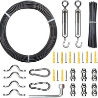Kit de suspension pour guirlande lumineuse extérieure avec câble en acier recouvert de PVC, crochets à ressort, tende-câble, modèle PtAGK36H, kit d'accessoires à vis