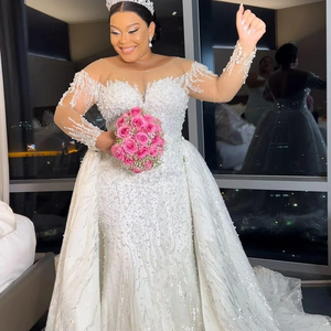 Vestido de Novia Personalizado 2025 Estilo Sirena con Mangas Largas, Vestido de Casamento con Cuentas Brillantes y Perlas, Cola Desmontable - Product Image 3