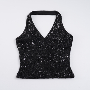 Top de tirantes con lentejuelas y cuello en V de color sólido para mujer - Product Image 2