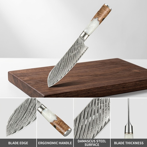 Couteau Santoku de qualité supérieure à motif Damas, manche en bois et résine, acier inoxydable tranchant, couteau de cuisine multi-usage pour viande et légumes - Product Image 5