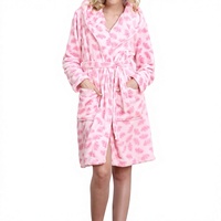Peignoir thermique respirant en polaire rose clair à imprimé feuilles pour femme, à capuche, avec ceinture, longueur genou, doux, pour la maison, automne-hiver